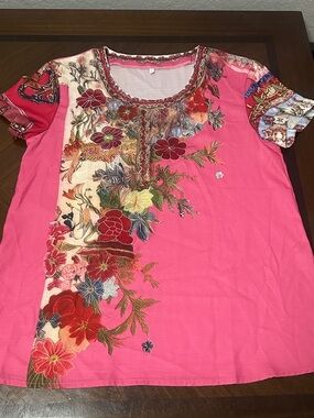 Boho Pink Floral Embroidered Scoop Neck Short Sleeve Top